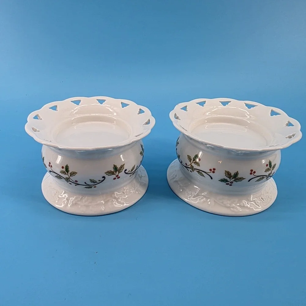 Mikasa Holiday Lace RL050 Ceramic Candle Holder Set of 2 Holly Berry 3 inch